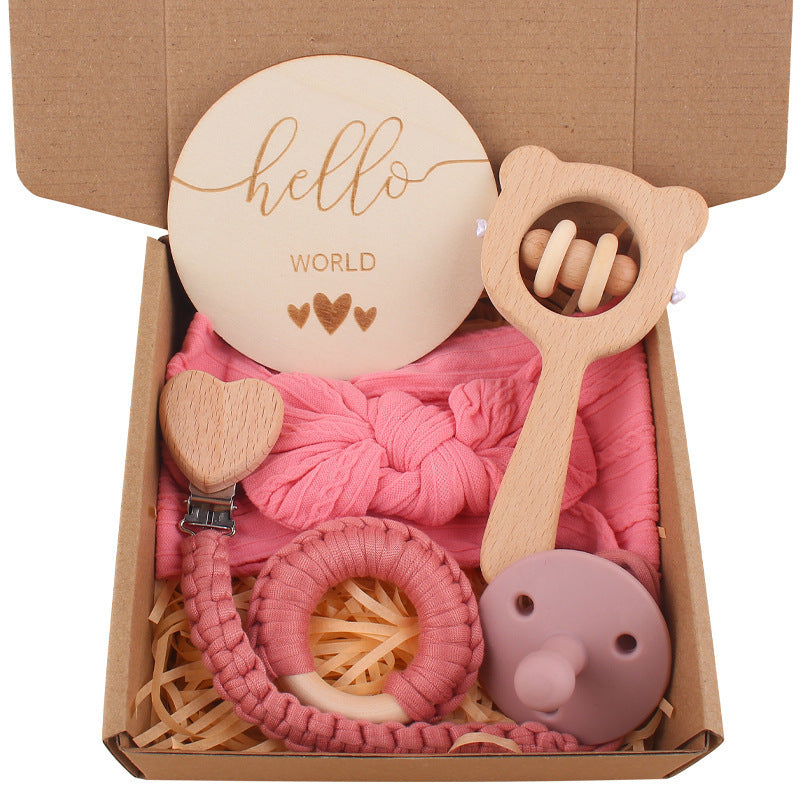 Set de Soins Bébé – Clip de Tétine, Serviette en Coton, Jouet en Bois & Oreilles de Lapin