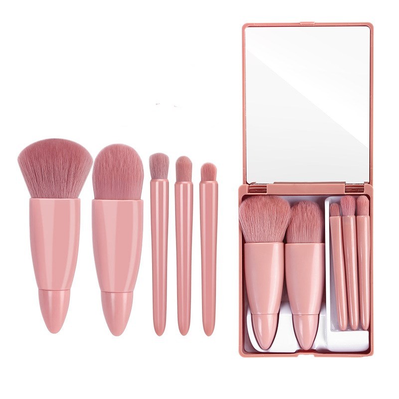 Set 5 pinceaux de maquillage – Poudre, fond de teint, blush, ombre à paupières – Avec miroir – Voyage
