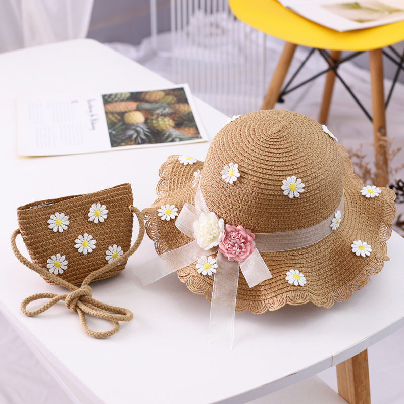 Chapeau de Pêcheur en Paille avec Ruban et Fleur – Protection Solaire Parent-Enfant