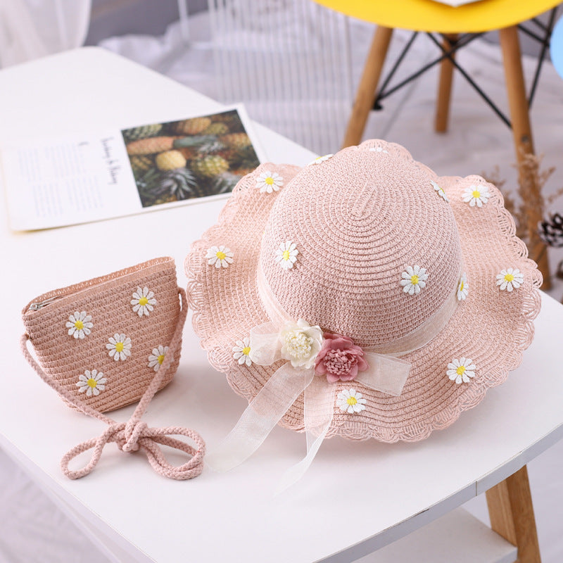 Chapeau de Pêcheur en Paille avec Ruban et Fleur – Protection Solaire Parent-Enfant