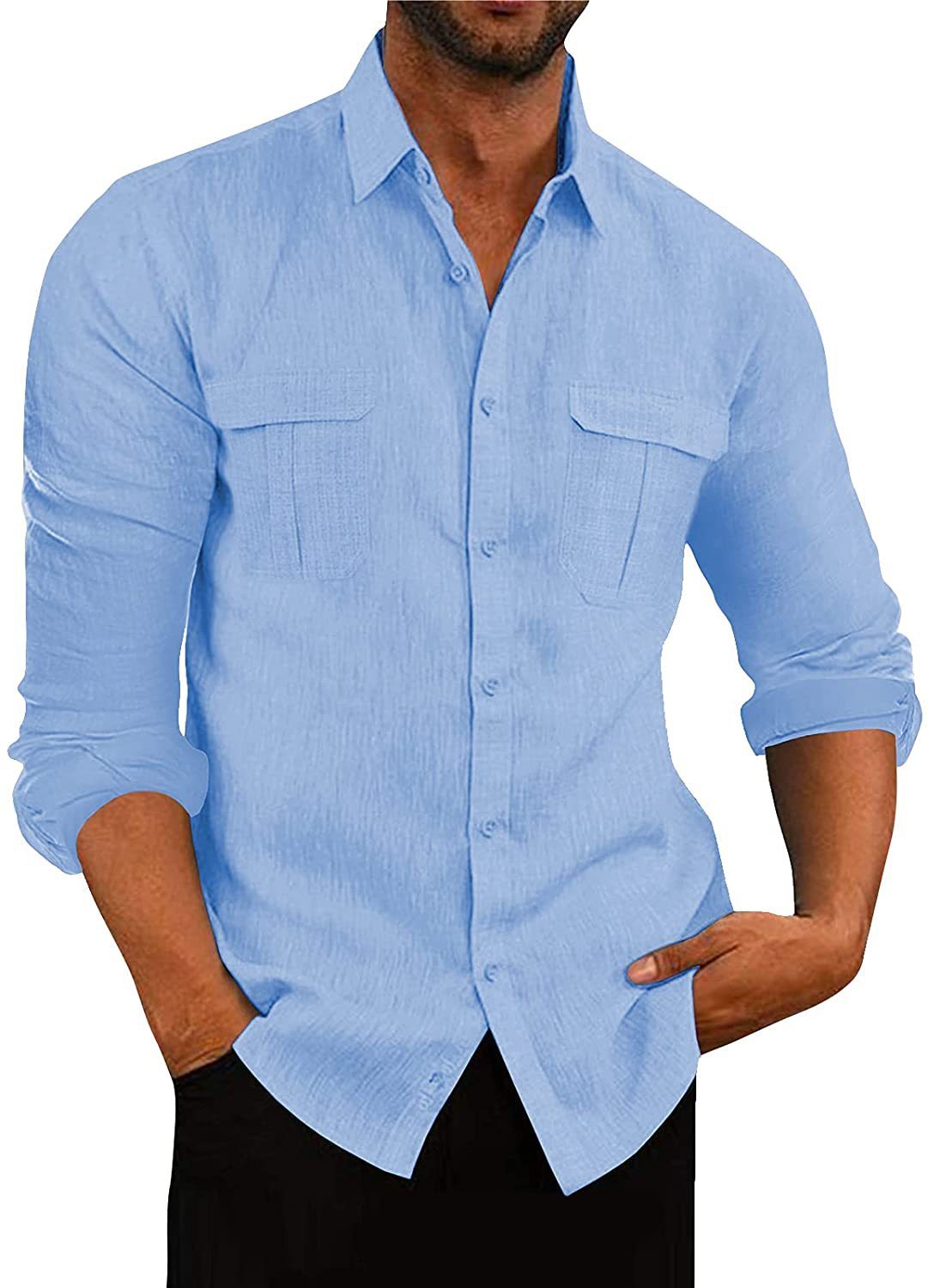 Chemise homme européenne et américaine – Coton et lin à double poche – Style décontracté et élégant