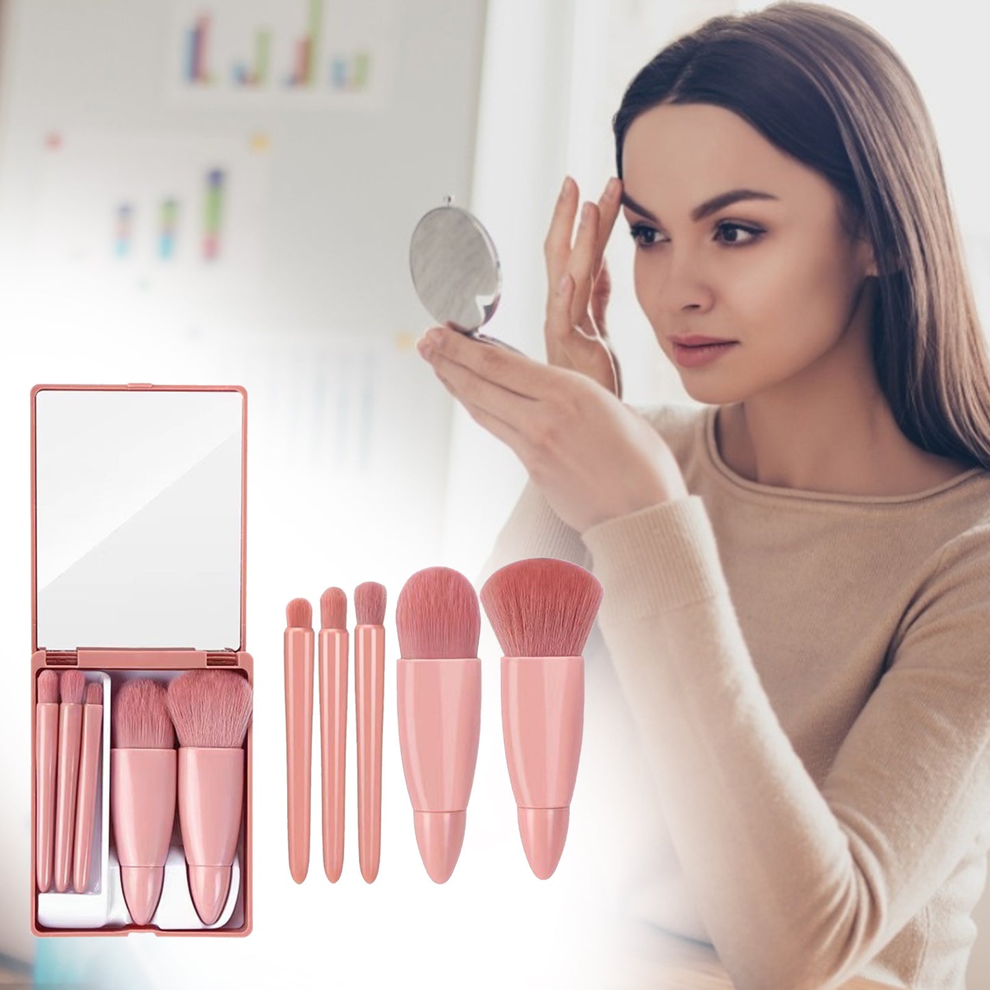 Set 5 pinceaux de maquillage – Poudre, fond de teint, blush, ombre à paupières – Avec miroir – Voyage