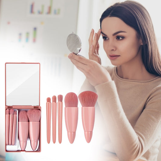 Set 5 pinceaux de maquillage – Poudre, fond de teint, blush, ombre à paupières – Avec miroir – Voyage