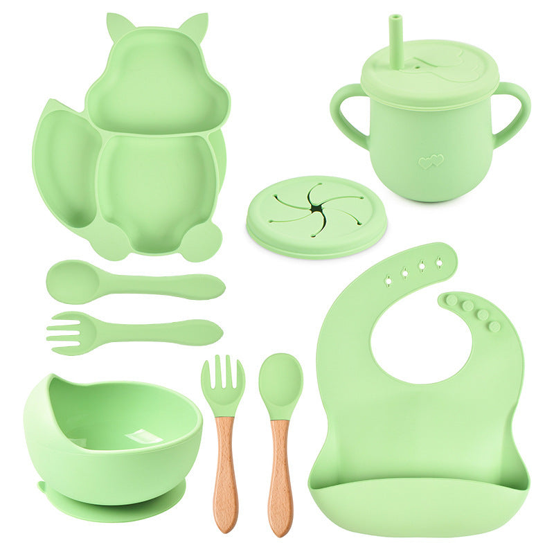 Set de vaisselle pour bébé 8 pièces avec motif écureuil – Vaisselle en silicone avec assiette ventouse, bol, bavoir, cuillère et fourchette