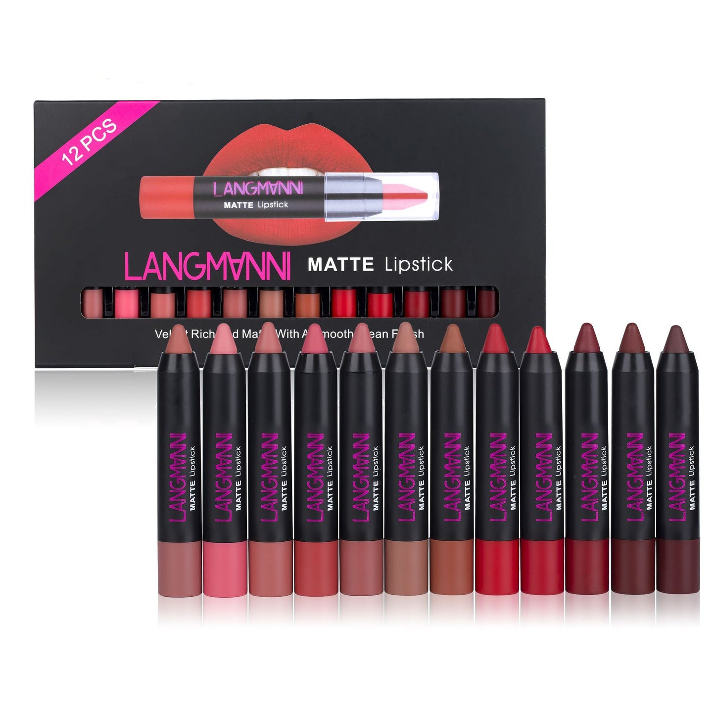Set de 12 rouges à lèvres mats longue tenue – Coffret cadeau élégant