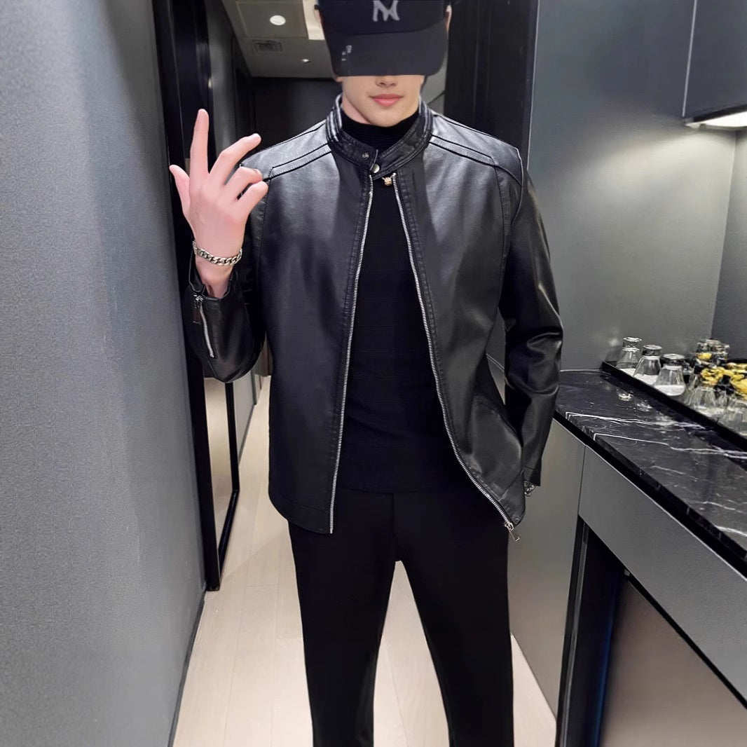 Veste en cuir homme slim – Col montant – Printemps et automne