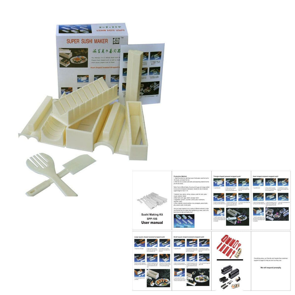 Kit manuel pour sushi – 5 moules réutilisables en plastique + spatule & fourchette