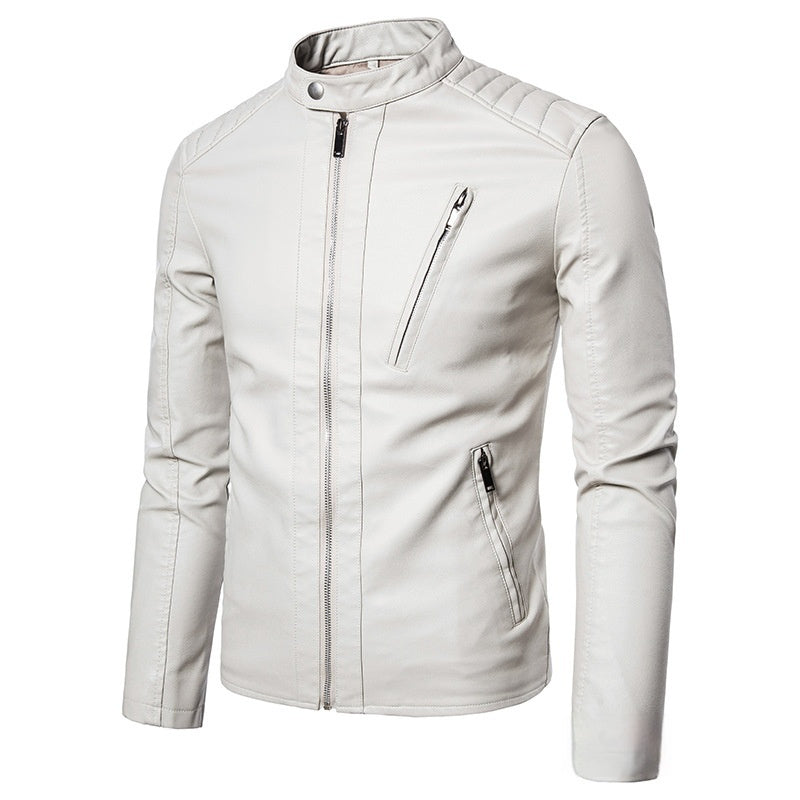 Veste en cuir homme slim – Col montant – Printemps et automne