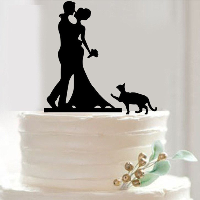 Topper de Gâteau de Mariage en Acrylique – Couple Romantique avec Chat Mignon