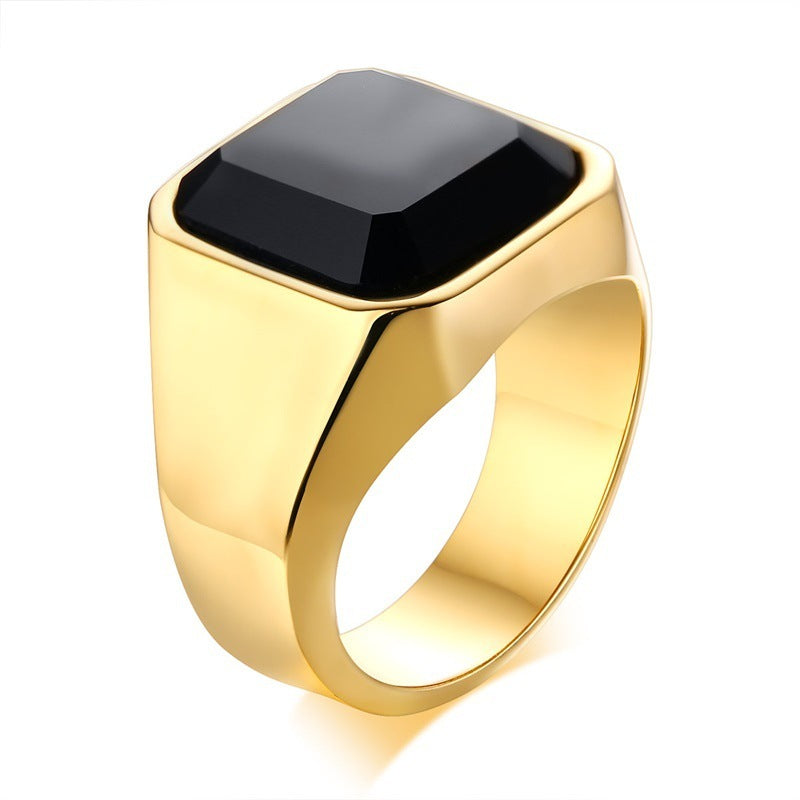 Bague homme en acier inoxydable avec agate noire – Design géométrique, finition dorée