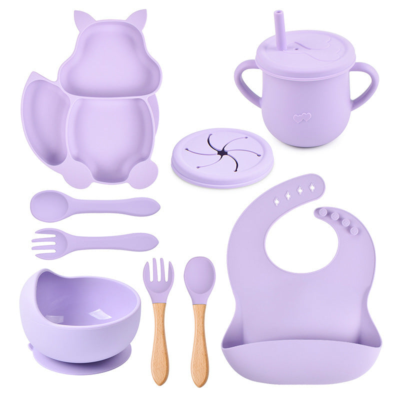 Set de vaisselle pour bébé 8 pièces avec motif écureuil – Vaisselle en silicone avec assiette ventouse, bol, bavoir, cuillère et fourchette