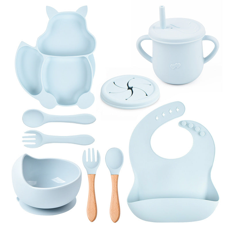 Set de vaisselle pour bébé 8 pièces avec motif écureuil – Vaisselle en silicone avec assiette ventouse, bol, bavoir, cuillère et fourchette