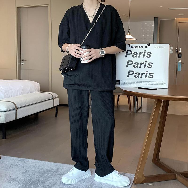 Ensemble homme col design – Chemise manches courtes et pantalon style britannique