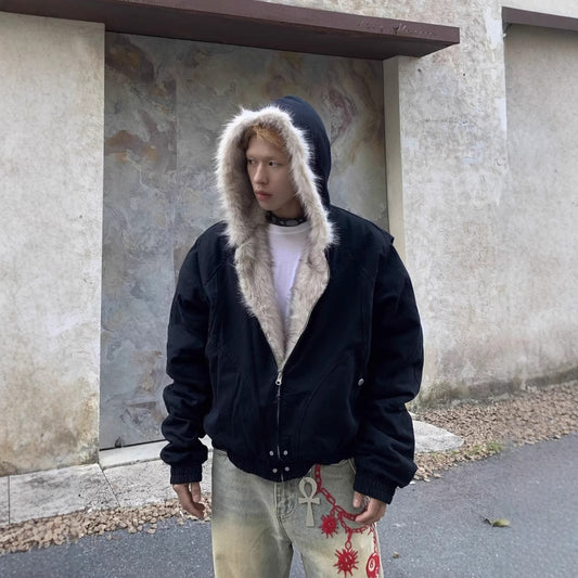 Blouson court homme chaud – Col en fourrure épaisse et style hivernal