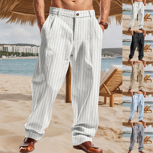 Pantalon Large Homme en Lin – Rayures, Taille Haute et Style Casual