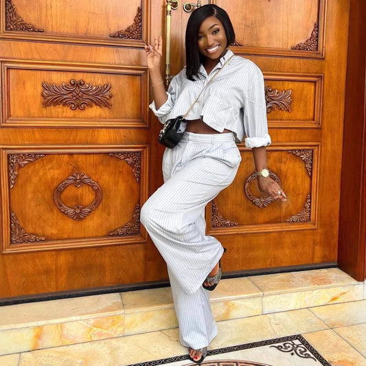 Ensemble grande taille – Chemise à rayures col tailleur et pantalon coordonné