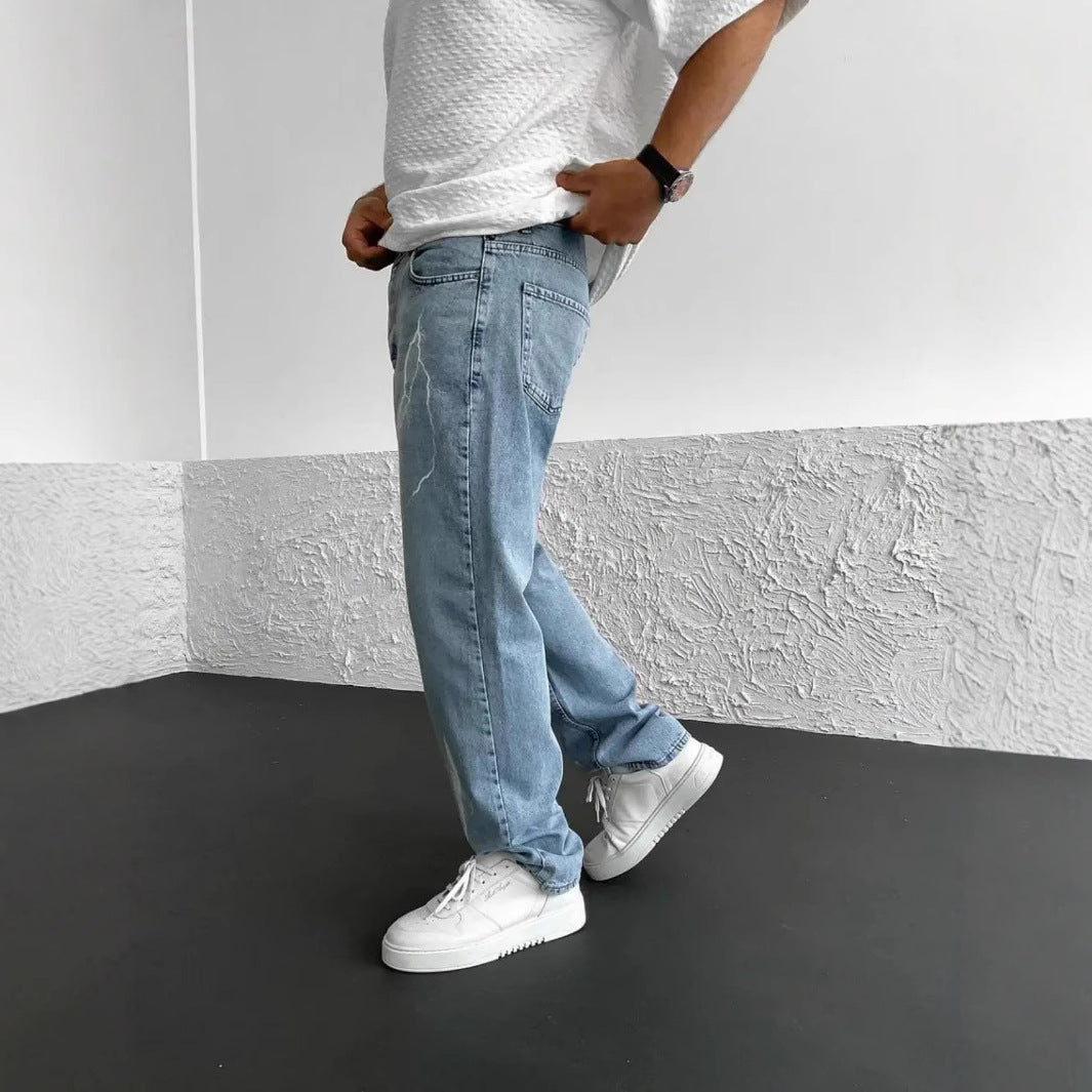 Pantalon Homme Large en Denim – Coupe Droite, Style Décontracté et Imprimé