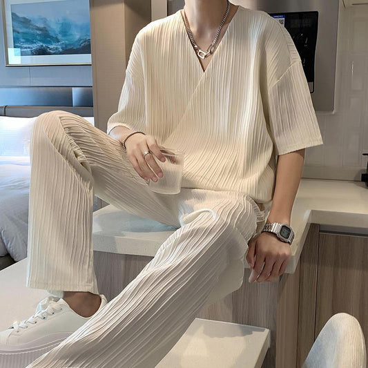 Ensemble homme col design – Chemise manches courtes et pantalon style britannique