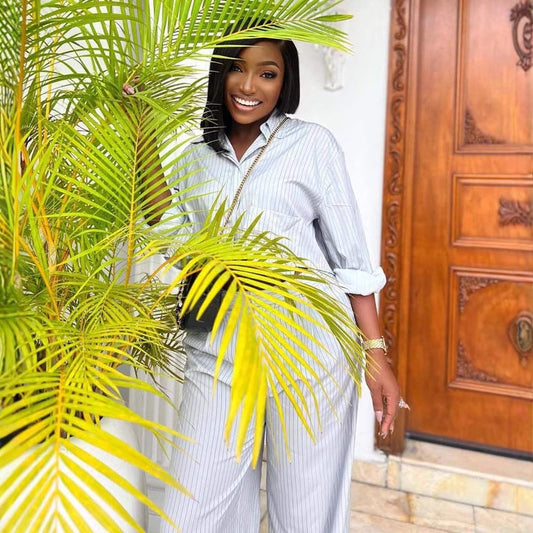 Ensemble grande taille – Chemise à rayures col tailleur et pantalon coordonné