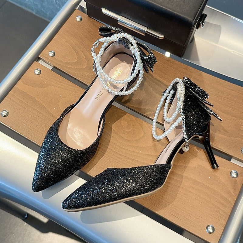 Escarpins à paillettes à bout pointu et nœud pour femme