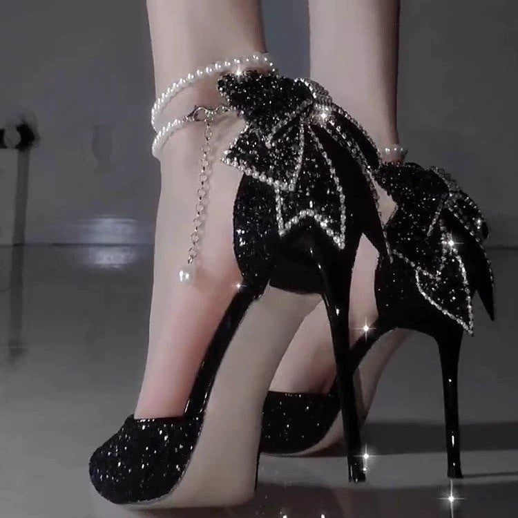 Escarpins à paillettes à bout pointu et nœud pour femme