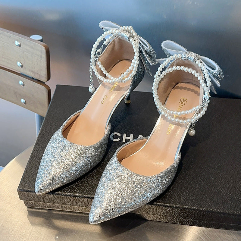 Escarpins à paillettes à bout pointu et nœud pour femme
