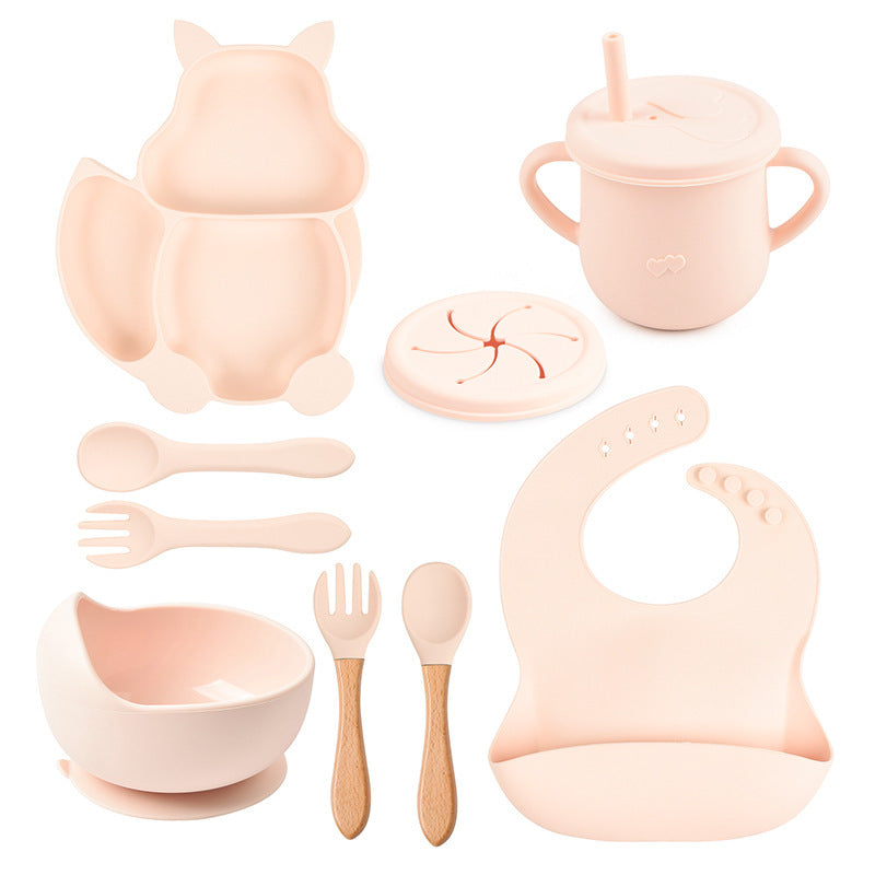 Set de vaisselle pour bébé 8 pièces avec motif écureuil – Vaisselle en silicone avec assiette ventouse, bol, bavoir, cuillère et fourchette