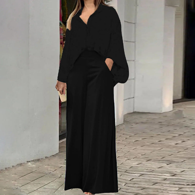 Ensemble chemisier imprimé et pantalon large – Style décontracté et élégant