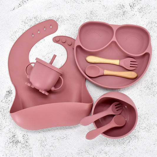 Set de vaisselle pour bébé 11 pièces – Vaisselle en silicone avec assiette ventouse, bol, bavoir, cuillère et fourchette