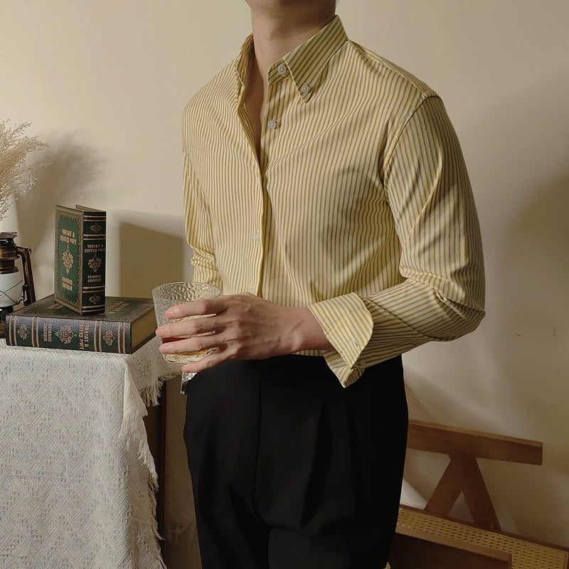 Chemise Homme Slim à Rayures Café – Élégante, Confortable et Moderne