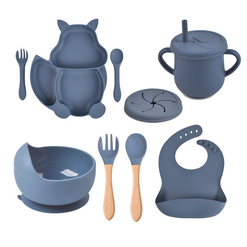 Set de vaisselle pour bébé 8 pièces avec motif écureuil – Vaisselle en silicone avec assiette ventouse, bol, bavoir, cuillère et fourchette