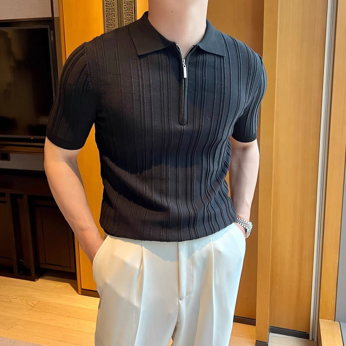 Polo homme manches courtes zippé – Style rétro élégant avec col jacquard