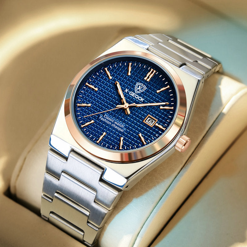 Montre homme en acier inoxydable – Quartz, bracelet acier, calendrier et étanche