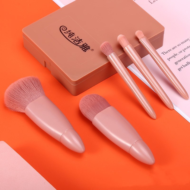 Set 5 pinceaux de maquillage – Poudre, fond de teint, blush, ombre à paupières – Avec miroir – Voyage