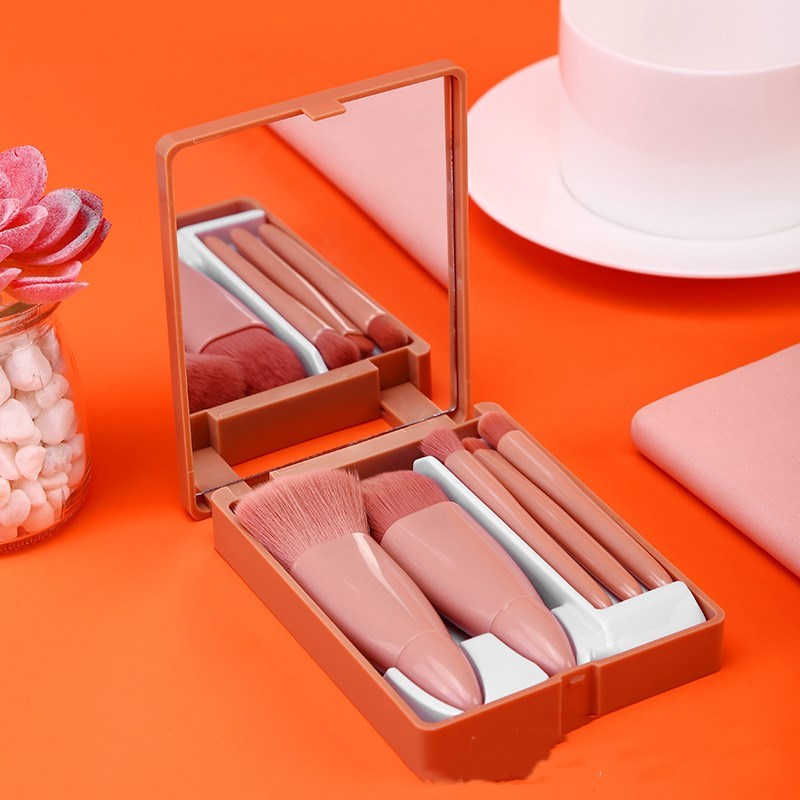 Set 5 pinceaux de maquillage – Poudre, fond de teint, blush, ombre à paupières – Avec miroir – Voyage