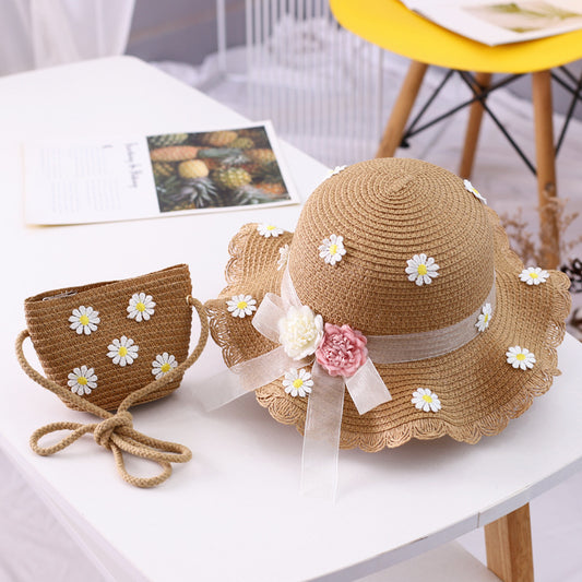 Chapeau de Pêcheur en Paille avec Ruban et Fleur – Protection Solaire Parent-Enfant