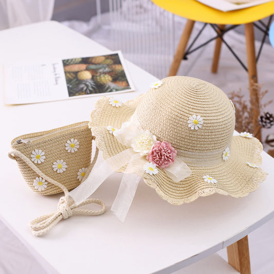 Chapeau de Pêcheur en Paille avec Ruban et Fleur – Protection Solaire Parent-Enfant