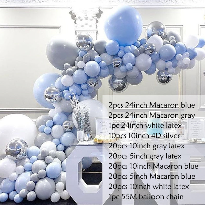 Kit Chaîne de Ballons Bleu et Gris – 116 Pièces