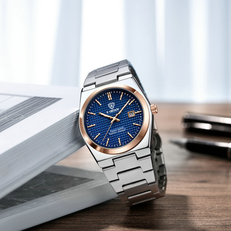 Montre homme en acier inoxydable – Quartz, bracelet acier, calendrier et étanche
