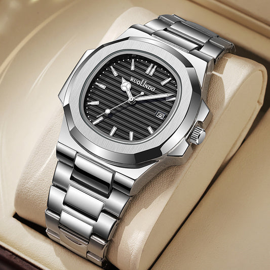 Montre homme en acier inoxydable – Affichage double calendrier et lumineux, design élégant