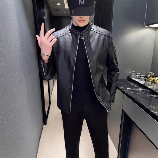 Veste en cuir homme slim – Col montant – Printemps et automne