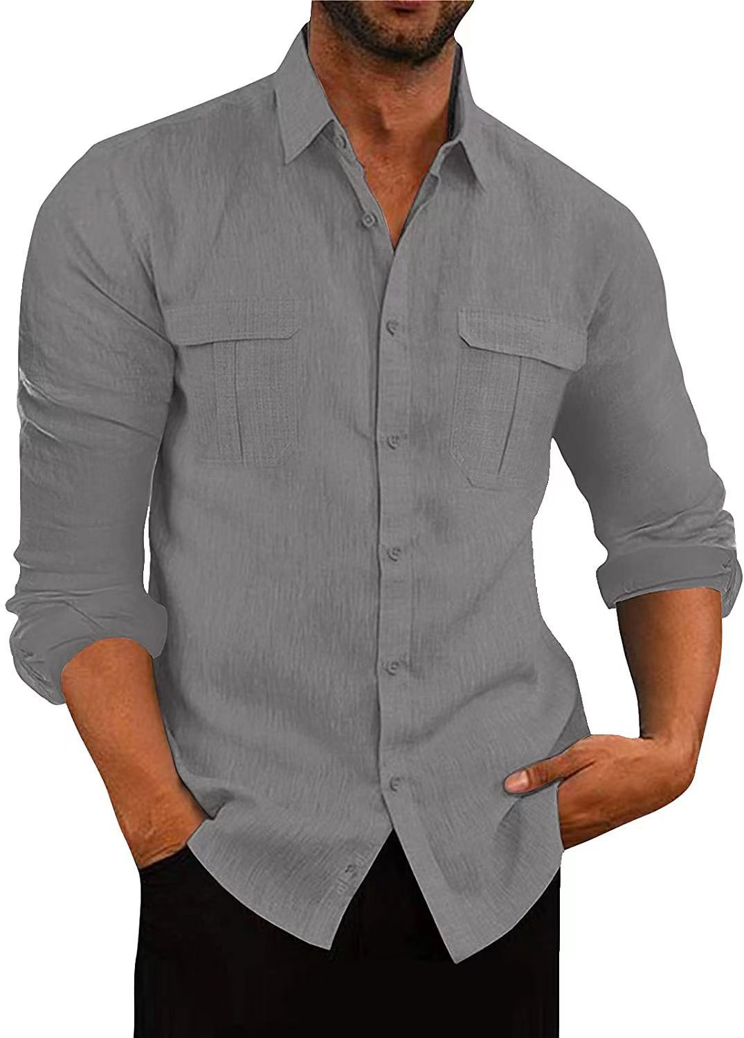 Chemise homme européenne et américaine – Coton et lin à double poche – Style décontracté et élégant