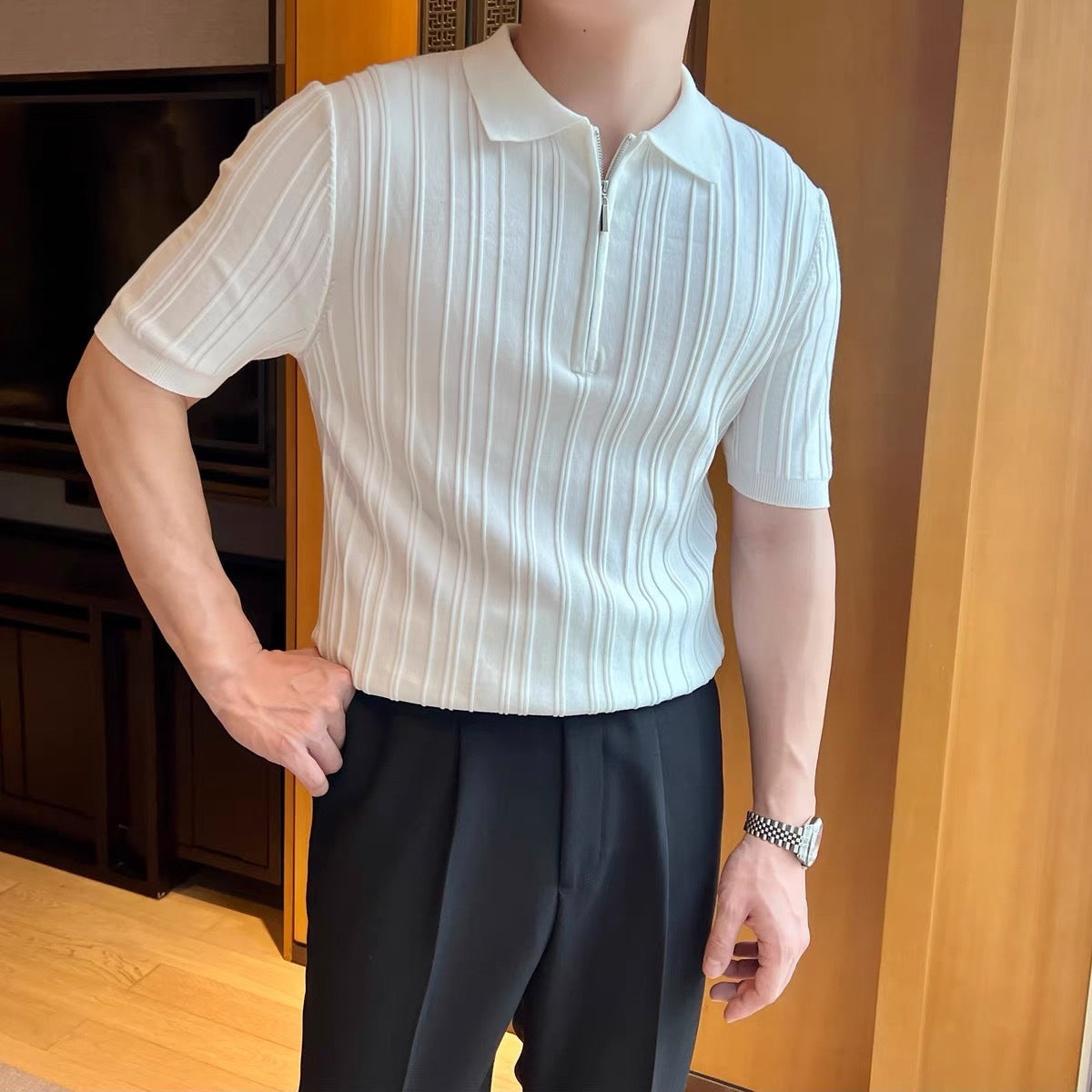 Polo homme manches courtes zippé – Style rétro élégant avec col jacquard