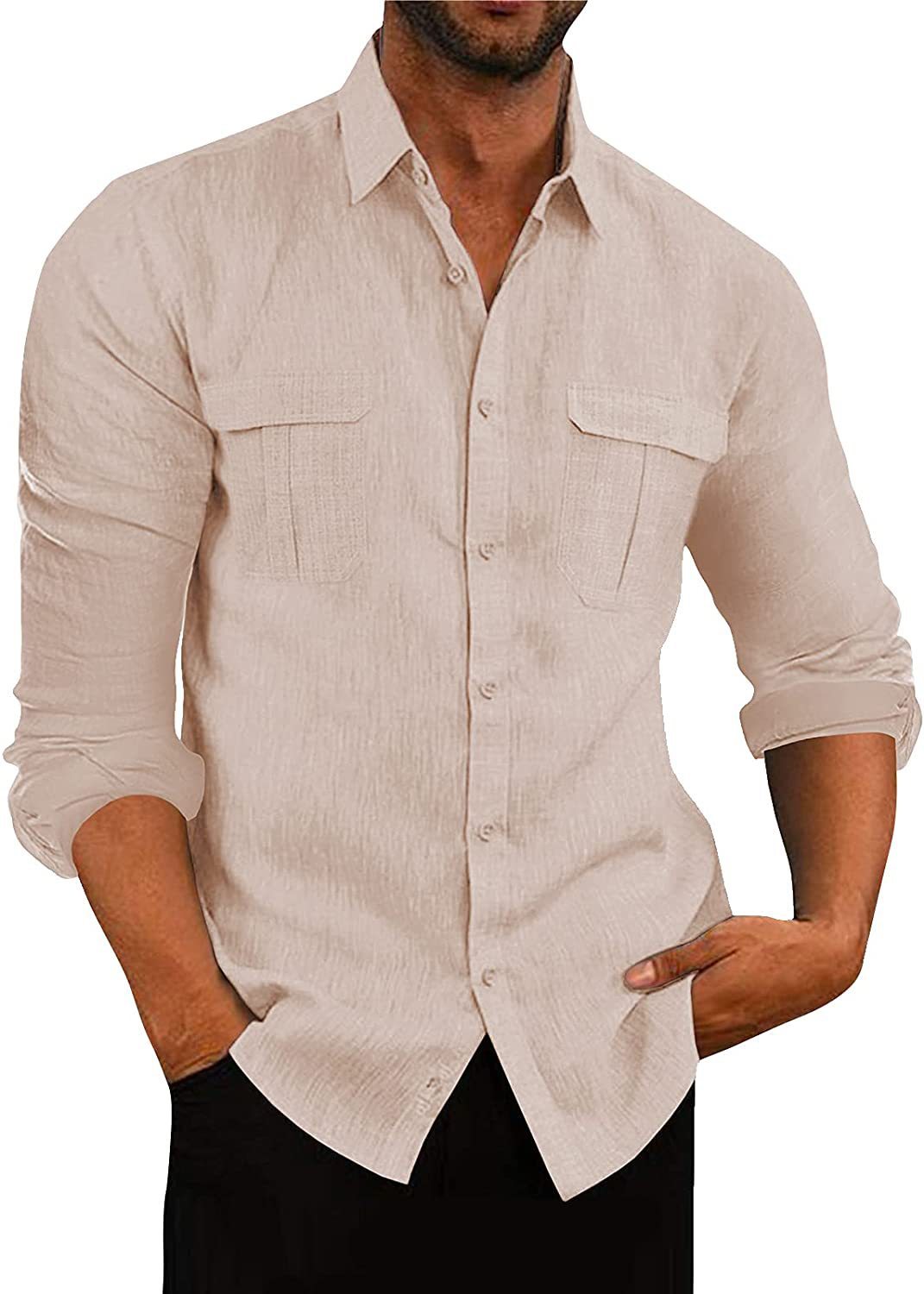 Chemise homme européenne et américaine – Coton et lin à double poche – Style décontracté et élégant