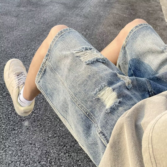 Short Jean Homme Rétro – Style Américain Délavé et Déchiré