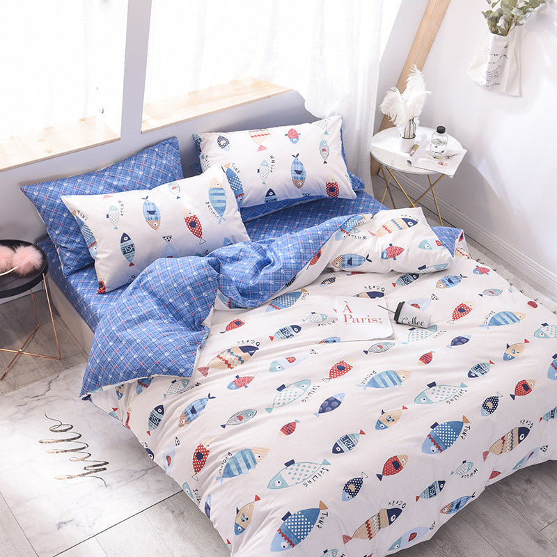 Ensemble literie nordique 4 pièces – Drap-housse, drap plat, taie d’oreiller x2 (style scandinave)