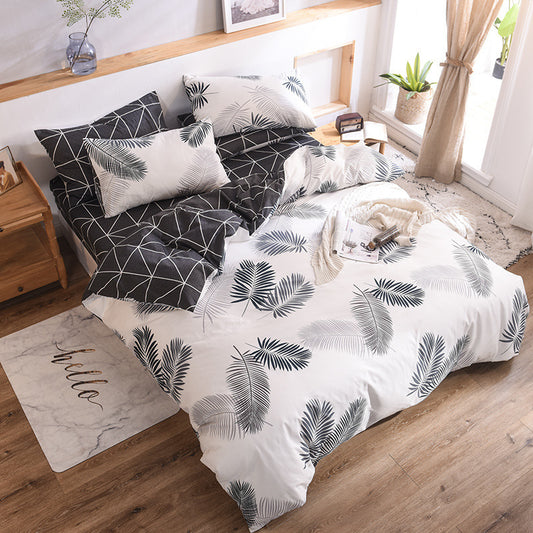 Ensemble literie nordique 4 pièces – Drap-housse, drap plat, taie d’oreiller x2 (style scandinave)