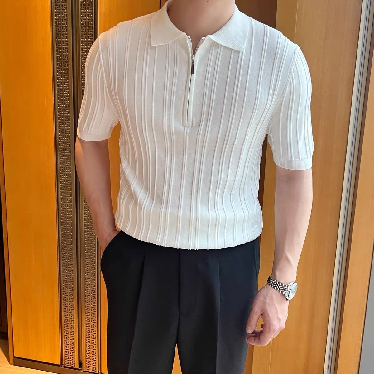 Polo homme manches courtes zippé – Style rétro élégant avec col jacquard