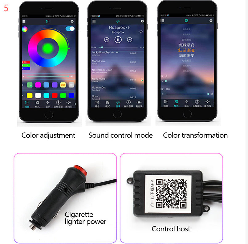 Éclairage d’ambiance voiture – Bandes fibre optique RGB, contrôle via appli et synchronisation musicale