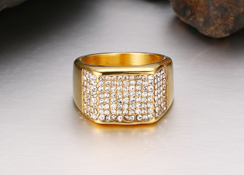 Bague homme en titane avec diamant – Design géométrique, finition dorée